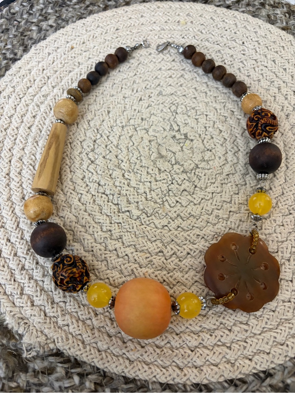 Vintage Handcrafted Yellow & Brown Floral Pendant Necklace